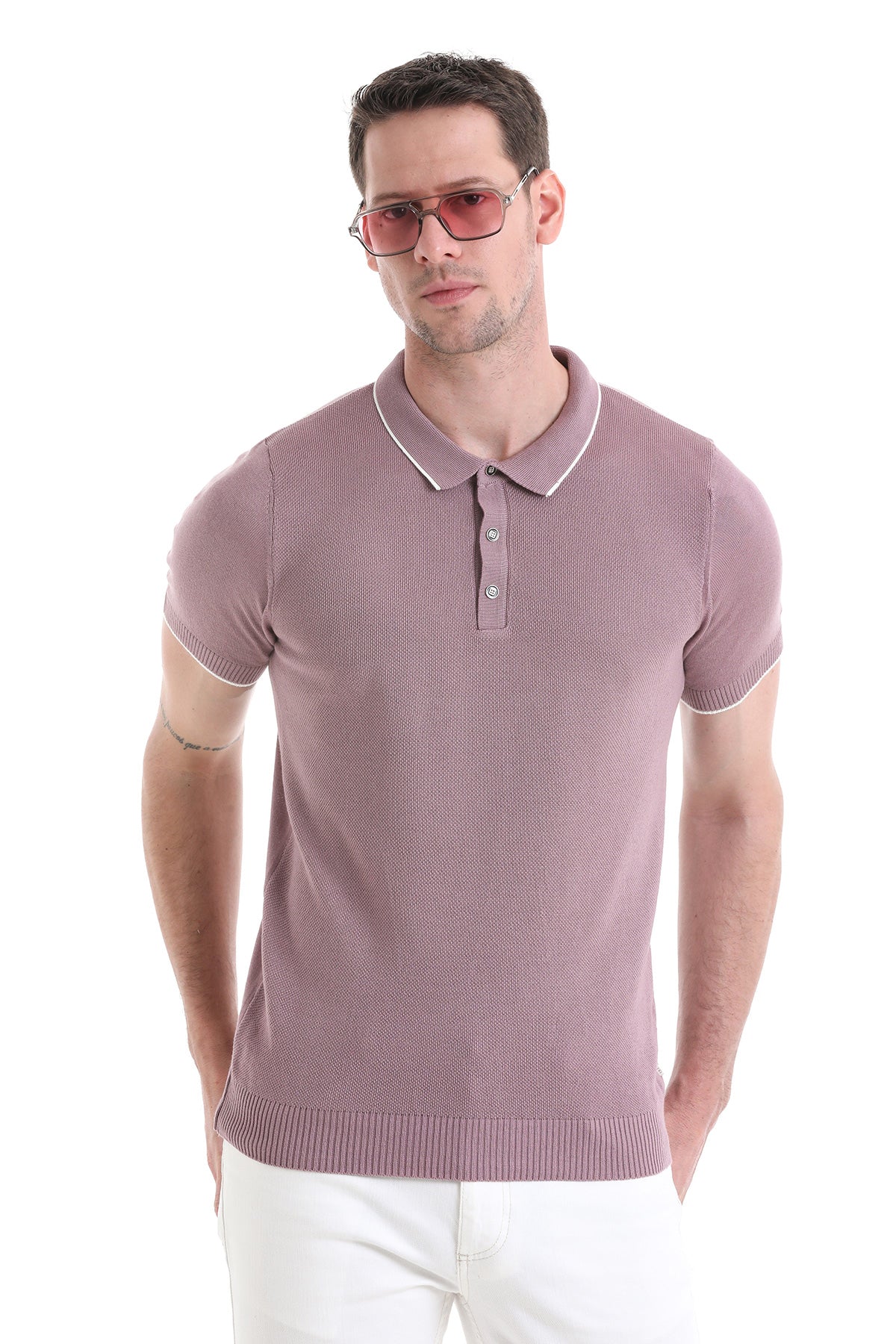 A mauve short-sleeved knit polo shirt with a contrasting white collar and sleeve trim.