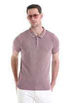 A mauve short-sleeved knit polo shirt with a contrasting white collar and sleeve trim.