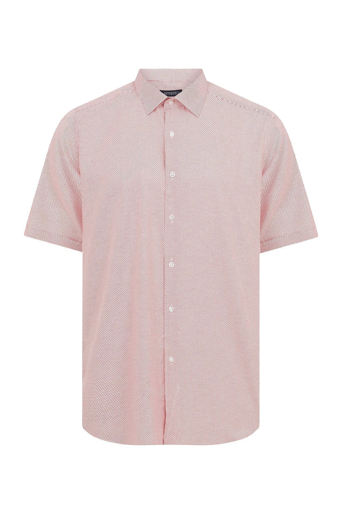 A light pink short-sleeved button-down shirt with a subtle textured pattern.