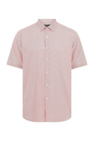 A light pink short-sleeved button-down shirt with a subtle textured pattern.