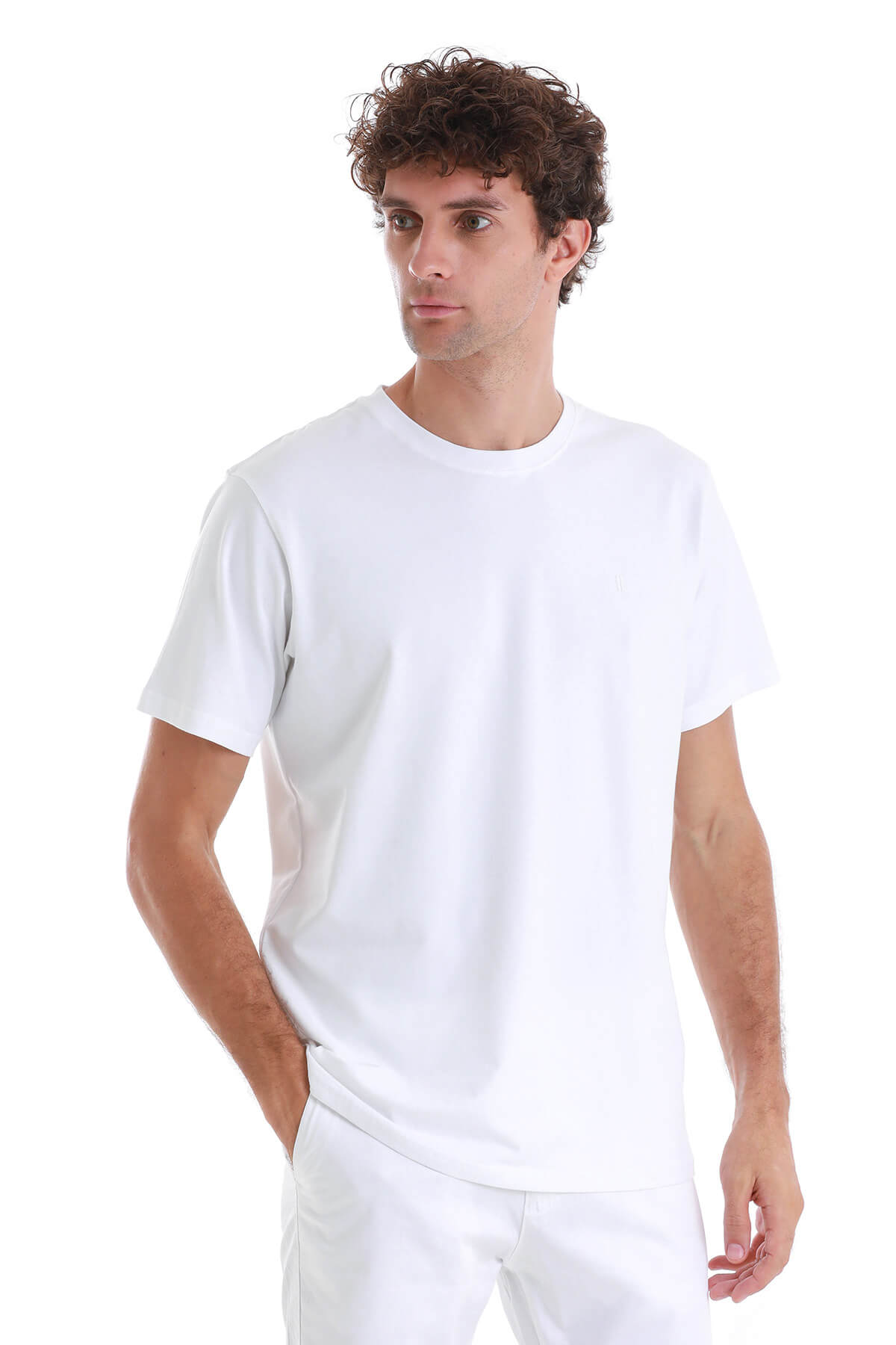 Regular Fit Cotton Blend White Crewneck T Shirt SAYKI