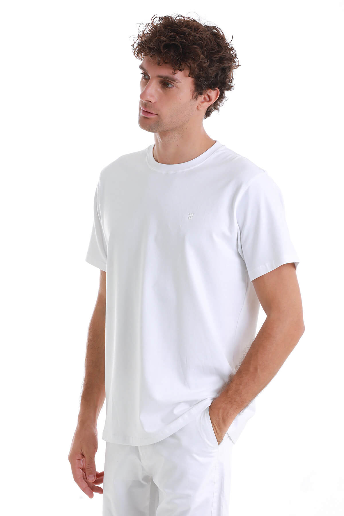 Regular Fit Cotton Blend White Crewneck T Shirt SAYKI