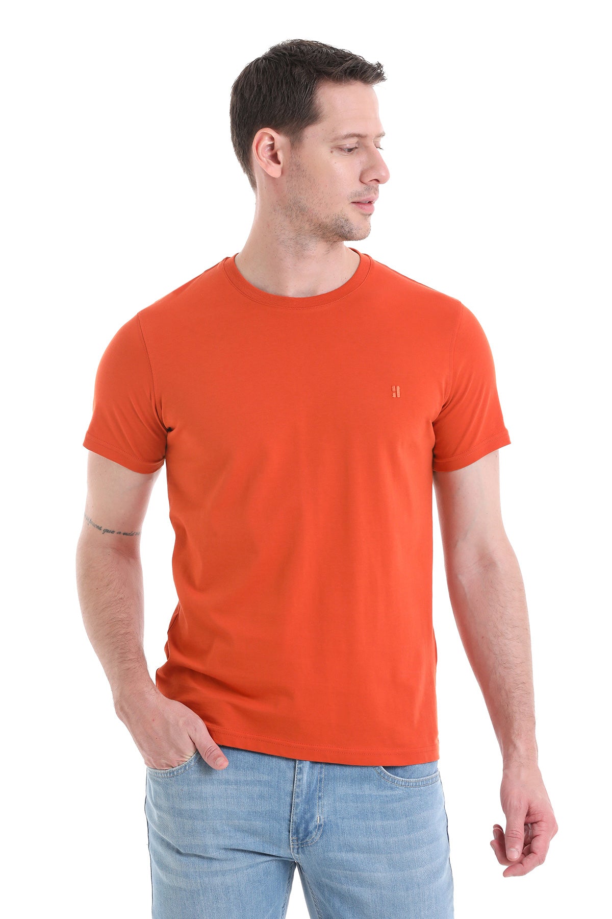 Orange crew-neck t-shirt with a small embroidered logo on the left chest