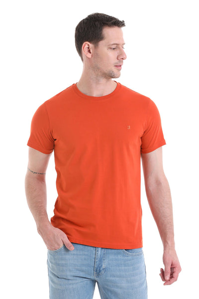 Orange crew-neck t-shirt with a small embroidered logo on the left chest