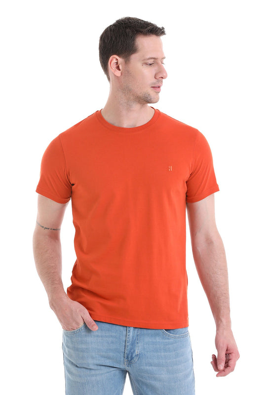 Orange crew-neck t-shirt with a small embroidered logo on the left chest