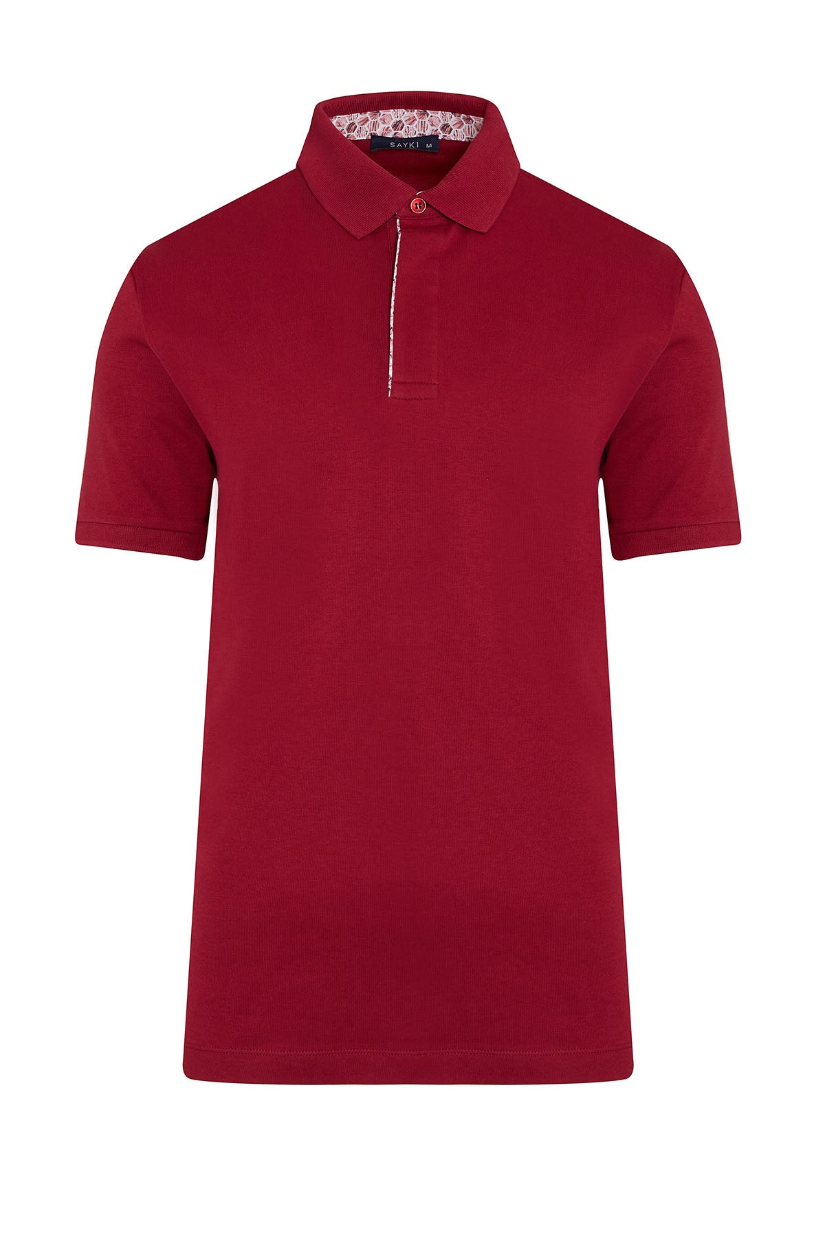 A rich red short-sleeved polo shirt with a classic collar and subtle white piping along the placket.