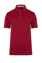A rich red short-sleeved polo shirt with a classic collar and subtle white piping along the placket.