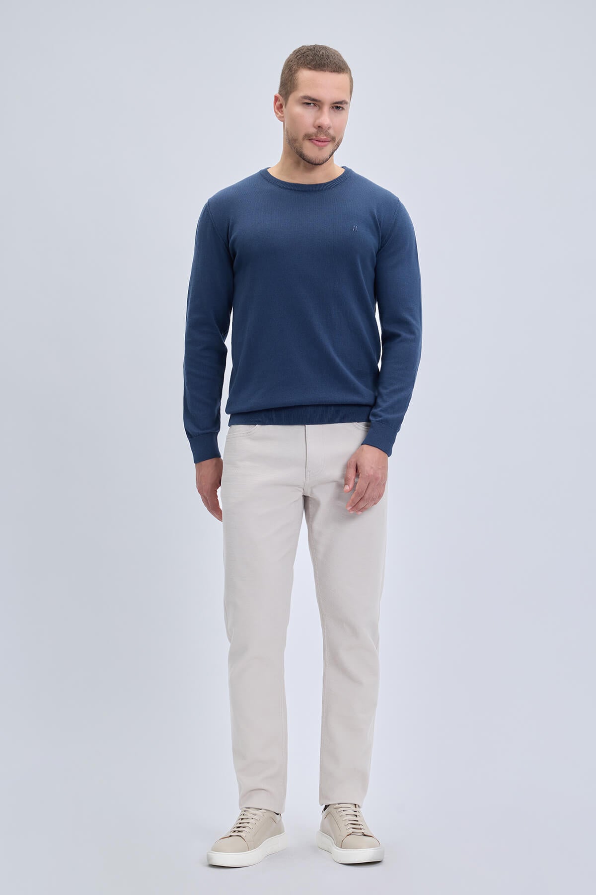 Regular Fit Cotton Indigo Crewneck Sweater - SAYKI