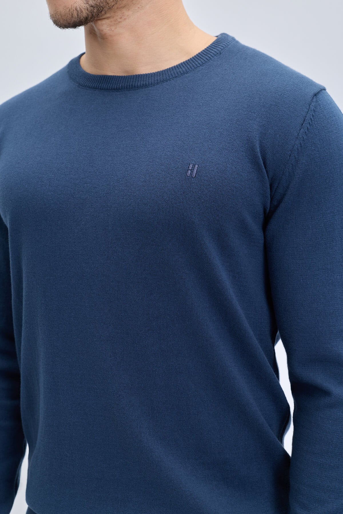 Regular Fit Cotton Indigo Crewneck Sweater - SAYKI