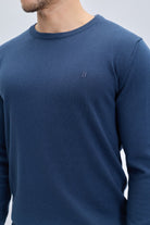 Navy blue regular fit cotton crewneck sweater with ribbed knit and small embroidered logo on left chest