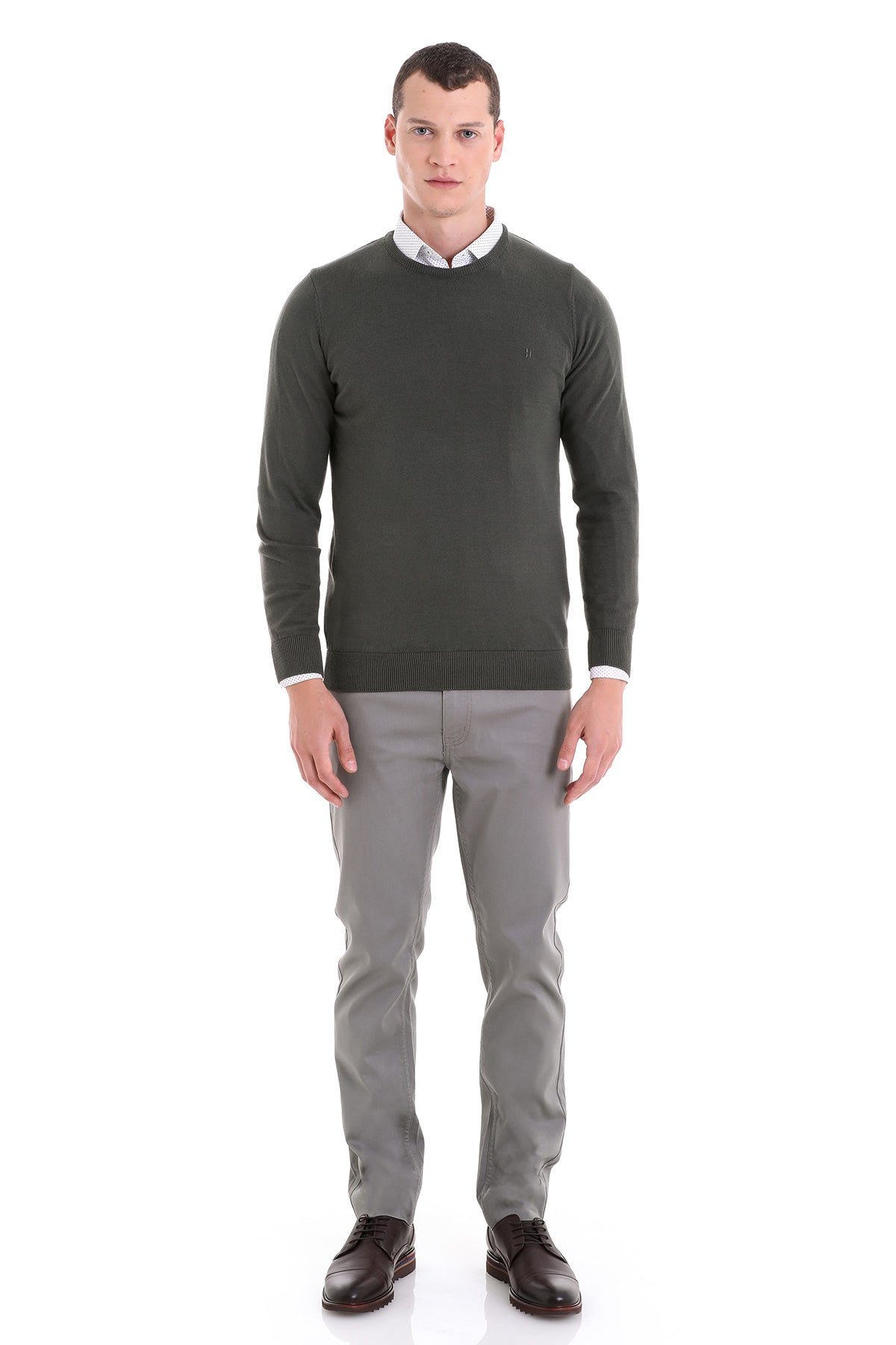 Dark olive green crewneck sweater with ribbed cuffs and hem.