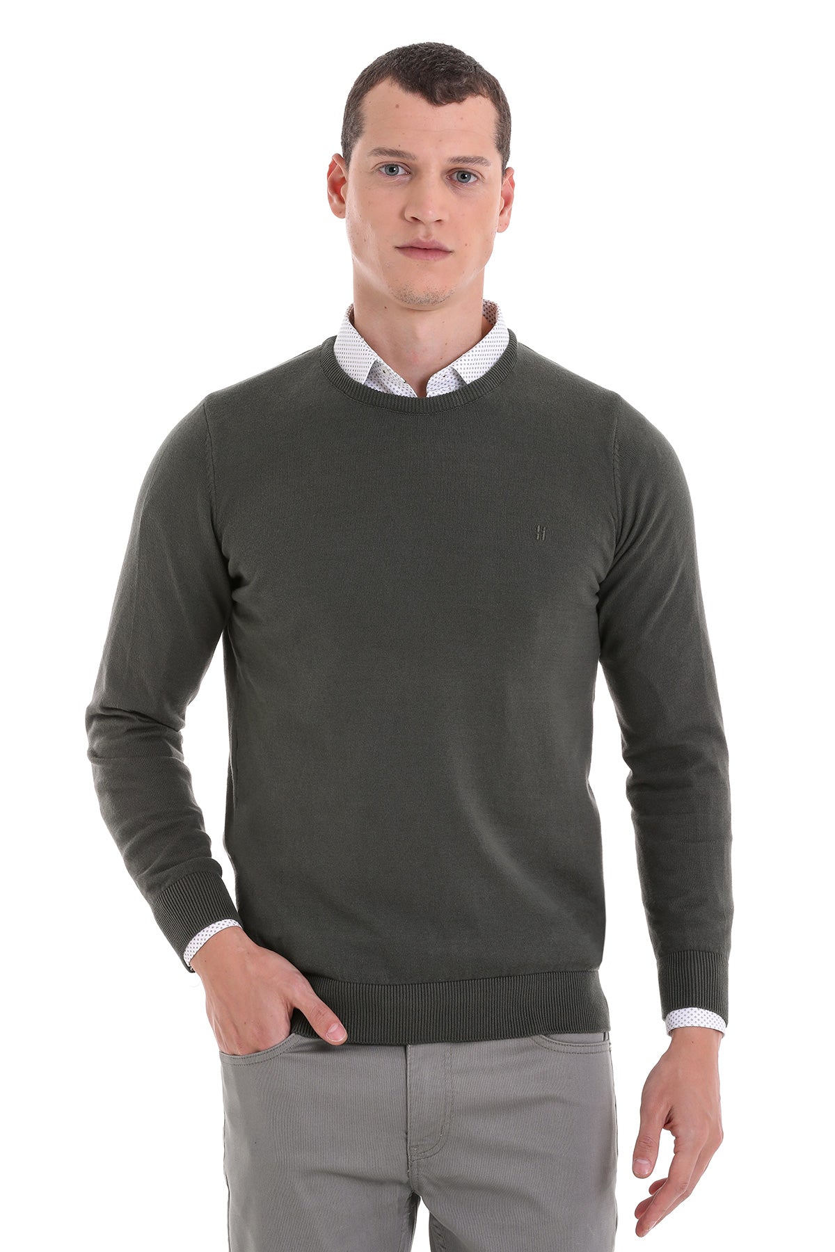 Dark olive green crewneck sweater with ribbed cuffs and hem, featuring a subtle embroidered logo on the left chest.