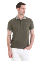Olive green short-sleeved polo shirt with contrasting gray collar and sleeve trim.