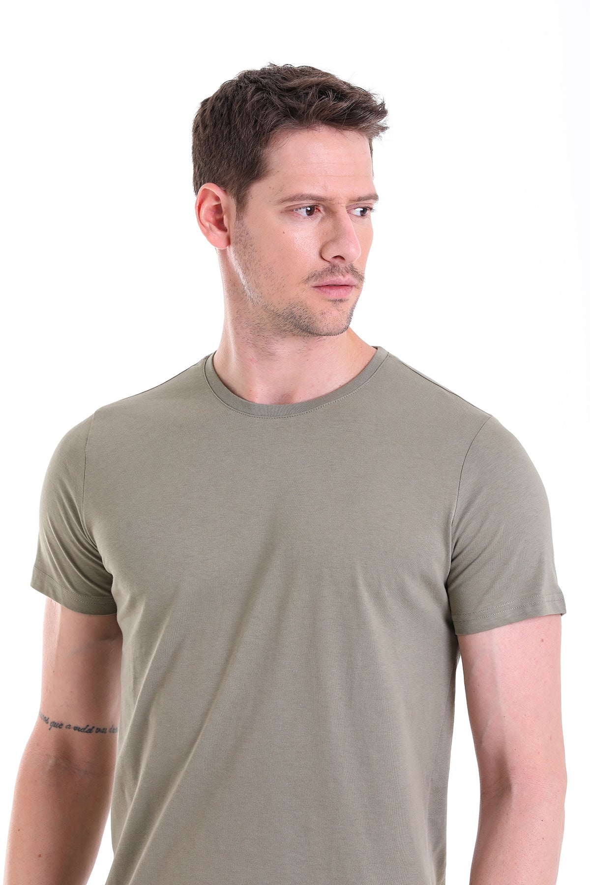 Regular Fit Cotton Light Khaki Crew Neck T-Shirt - SAYKI