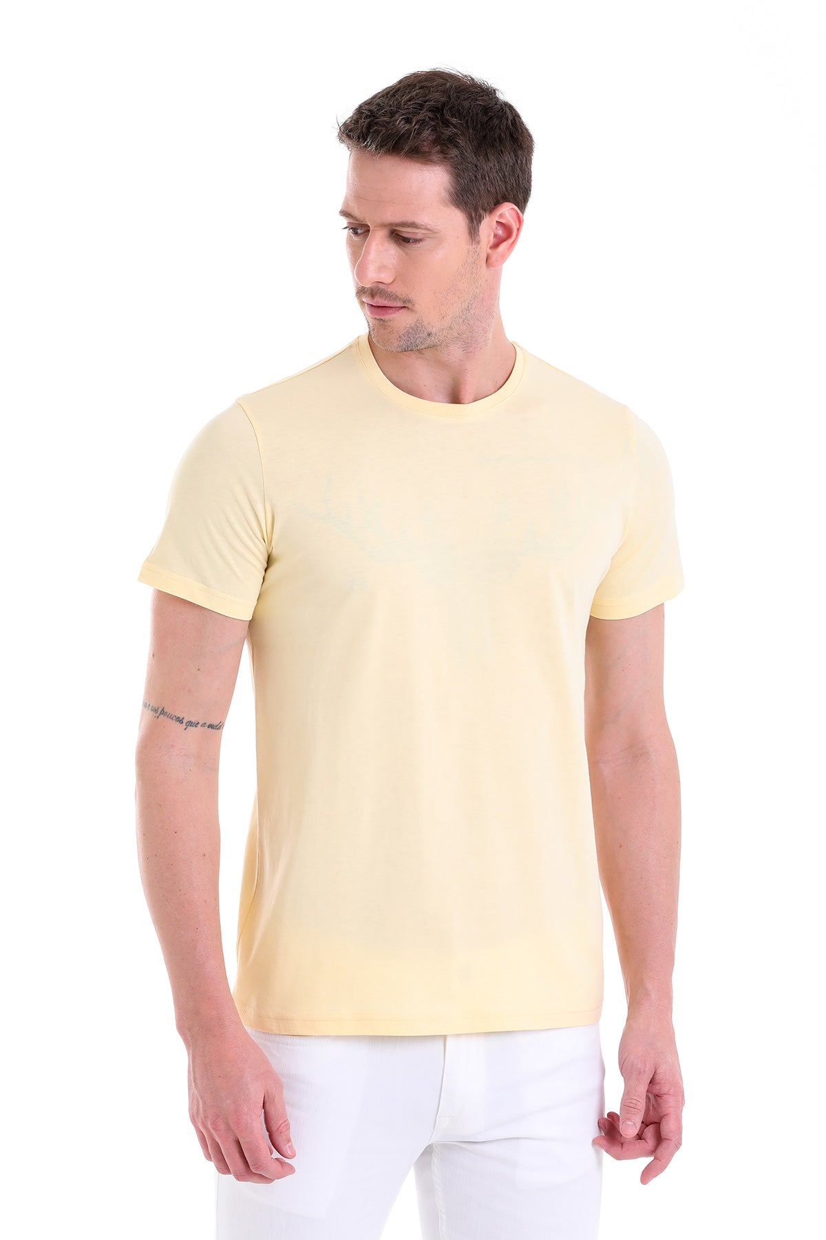 Regular Fit Cotton Light Yellow Crew Neck T-Shirt - SAYKI