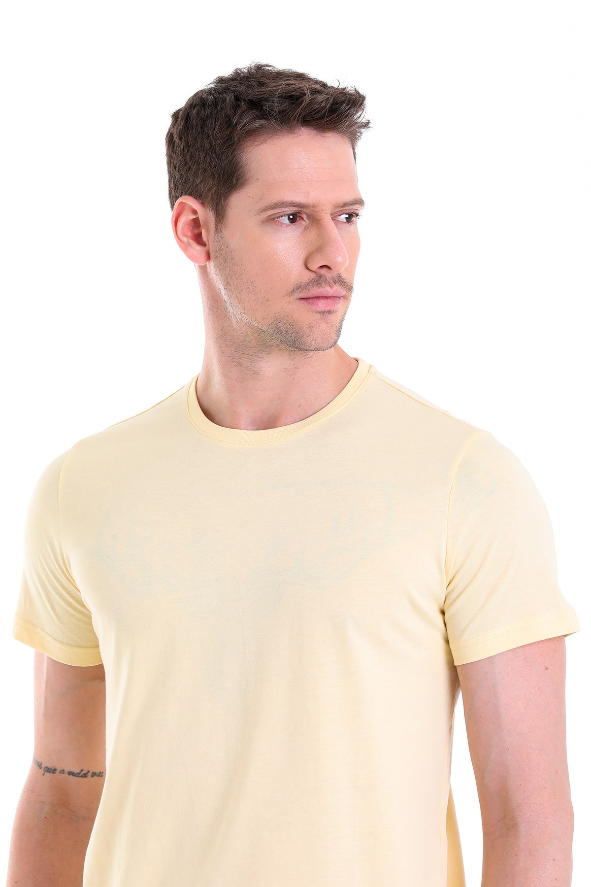 Regular Fit Cotton Light Yellow Crew Neck T-Shirt - SAYKI