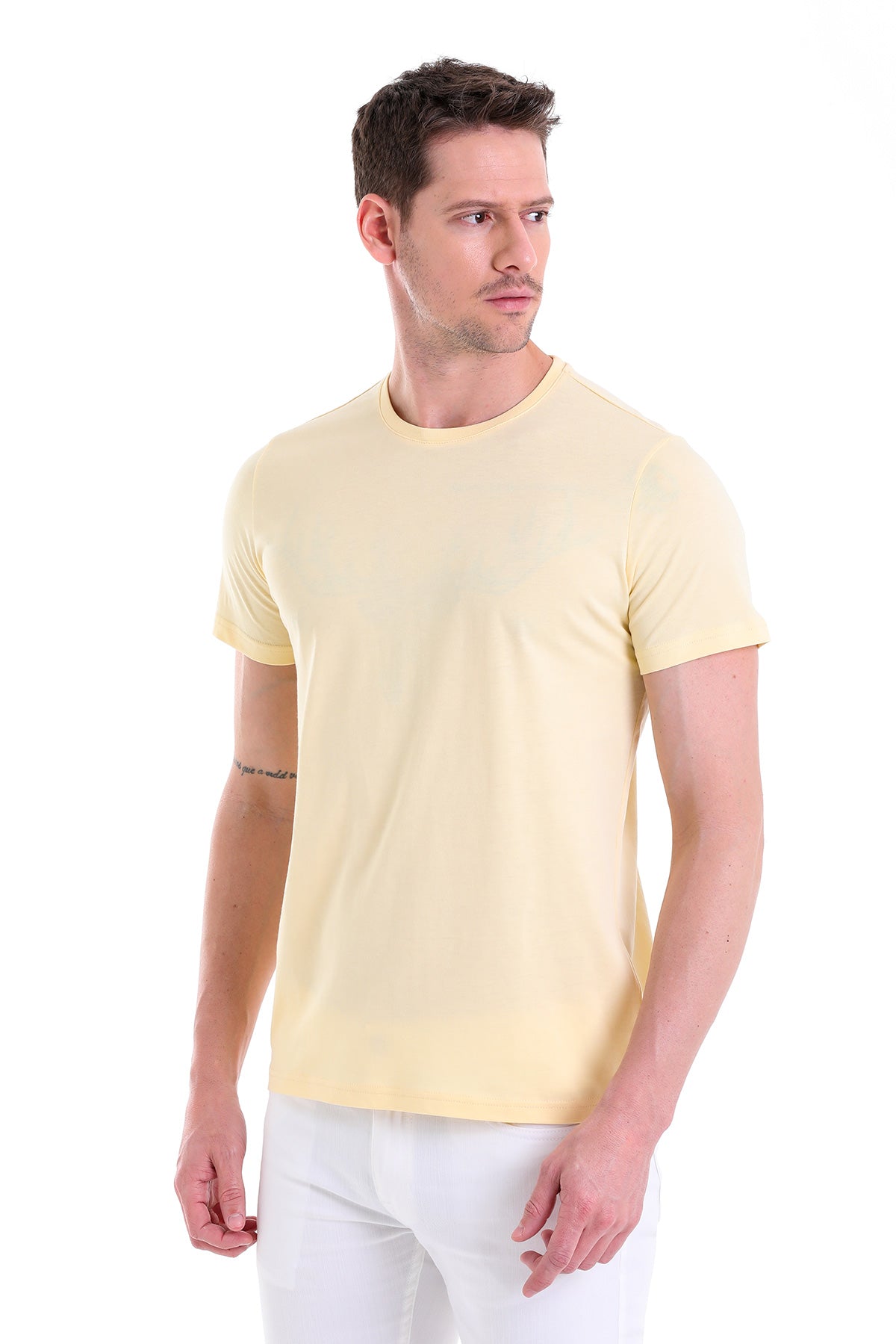 Regular Fit Cotton Light Yellow Crew Neck T-Shirt - SAYKI