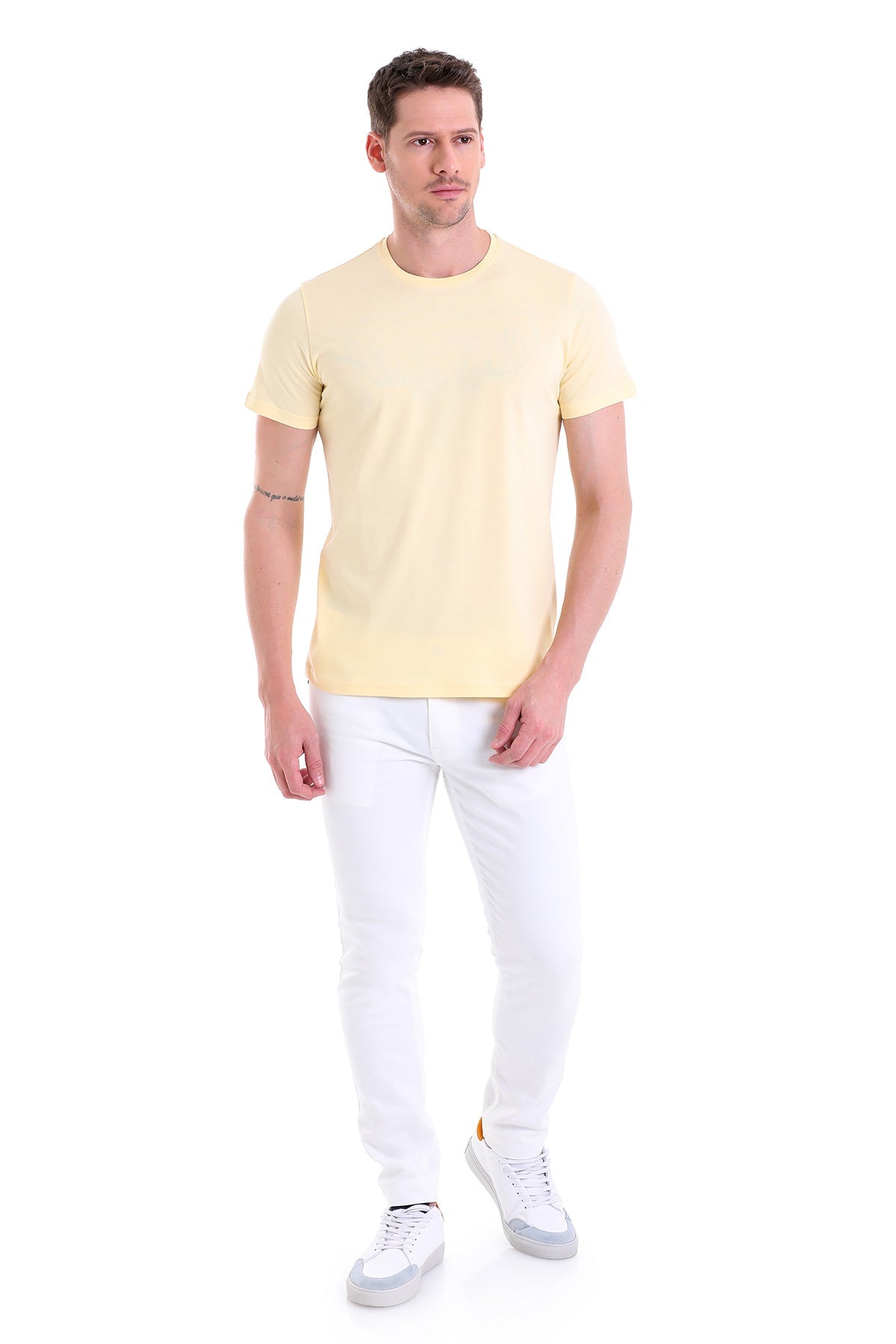 Regular Fit Cotton Light Yellow Crew Neck T-Shirt - SAYKI