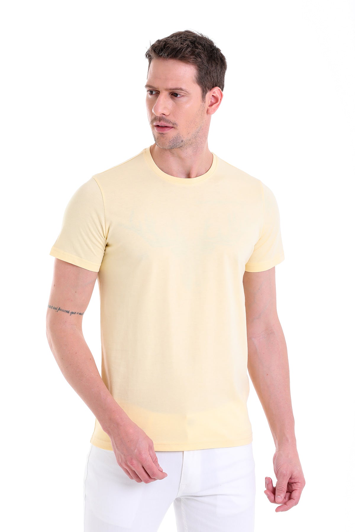 Regular Fit Cotton Light Yellow Crew Neck T-Shirt - SAYKI