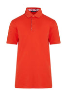 Bright orange short-sleeved polo shirt with a subtle patterned inner collar and matching button placket.
