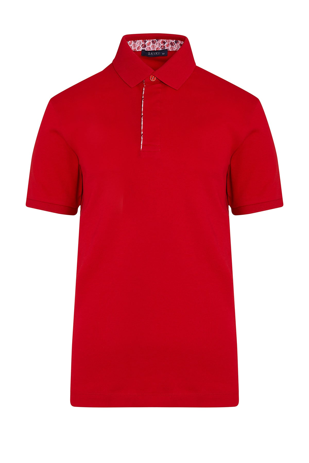 A vibrant red short-sleeved polo shirt with a classic collar and subtle white stitching along the placket.