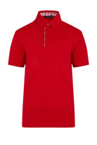 A vibrant red short-sleeved polo shirt with a classic collar and subtle white stitching along the placket.