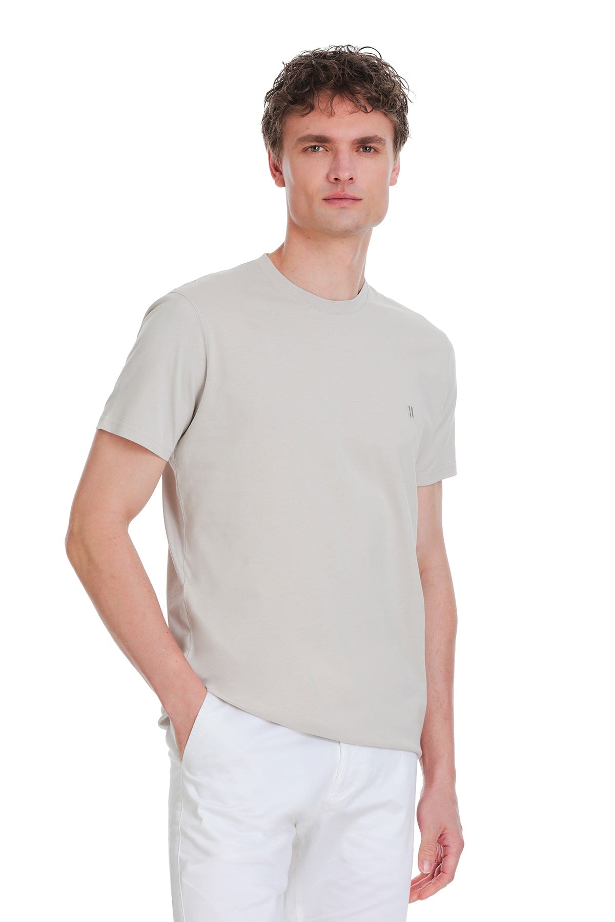 A light gray, short-sleeved crew neck t-shirt with a small embroidered logo on the left chest.