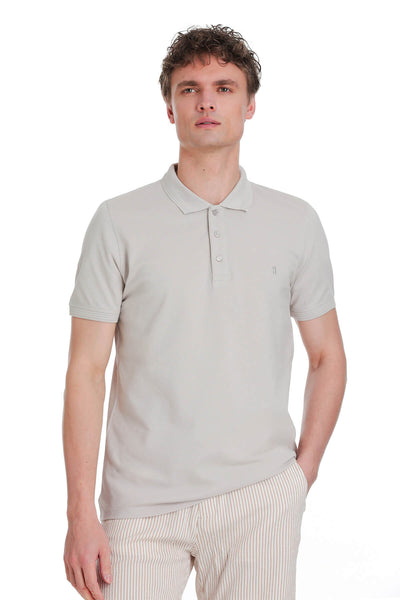 Light gray short-sleeved polo shirt with a classic collar and subtle embroidered logo on the chest.
