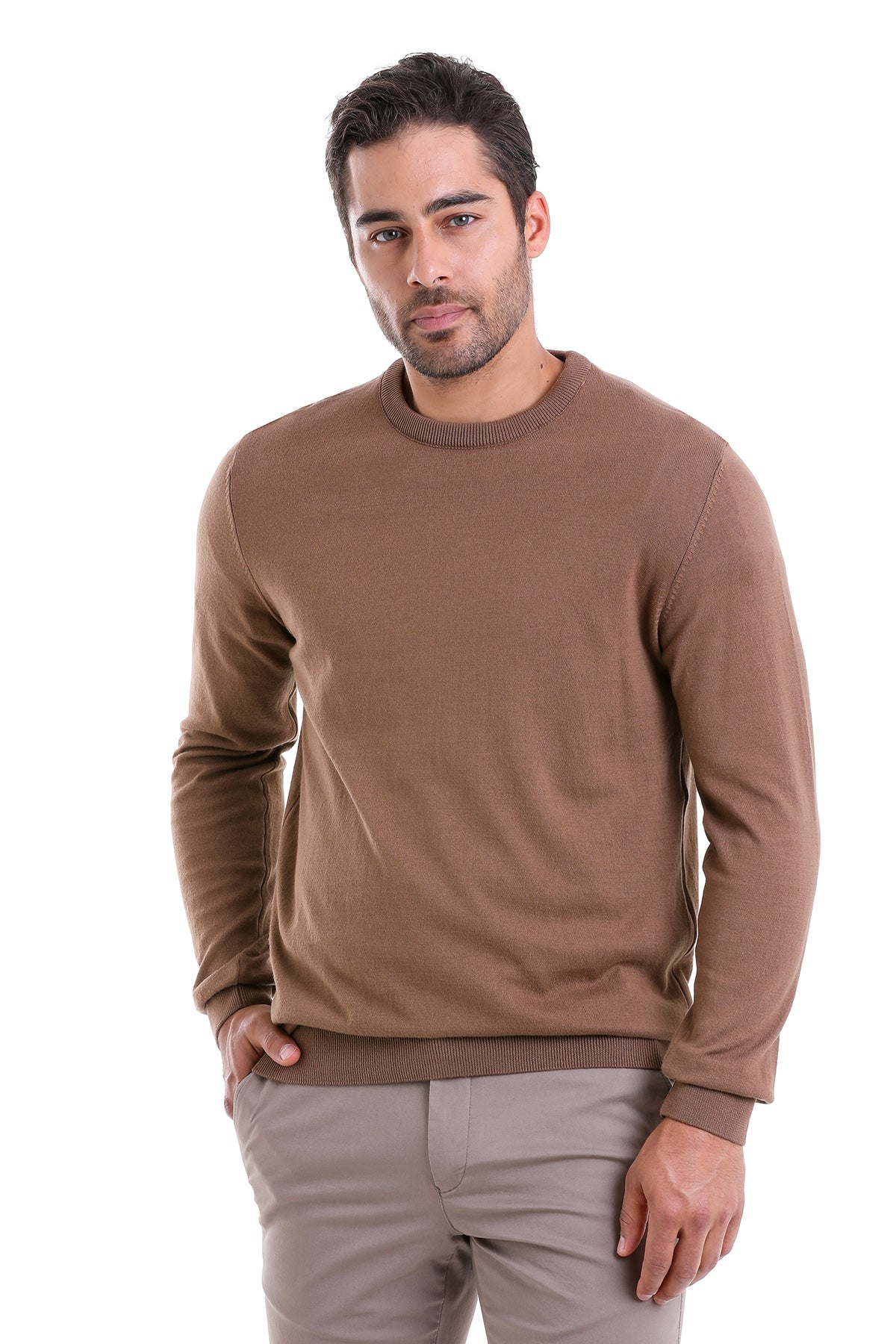Regular Fit Cotton Tobacco Crewneck Sweater - SAYKI