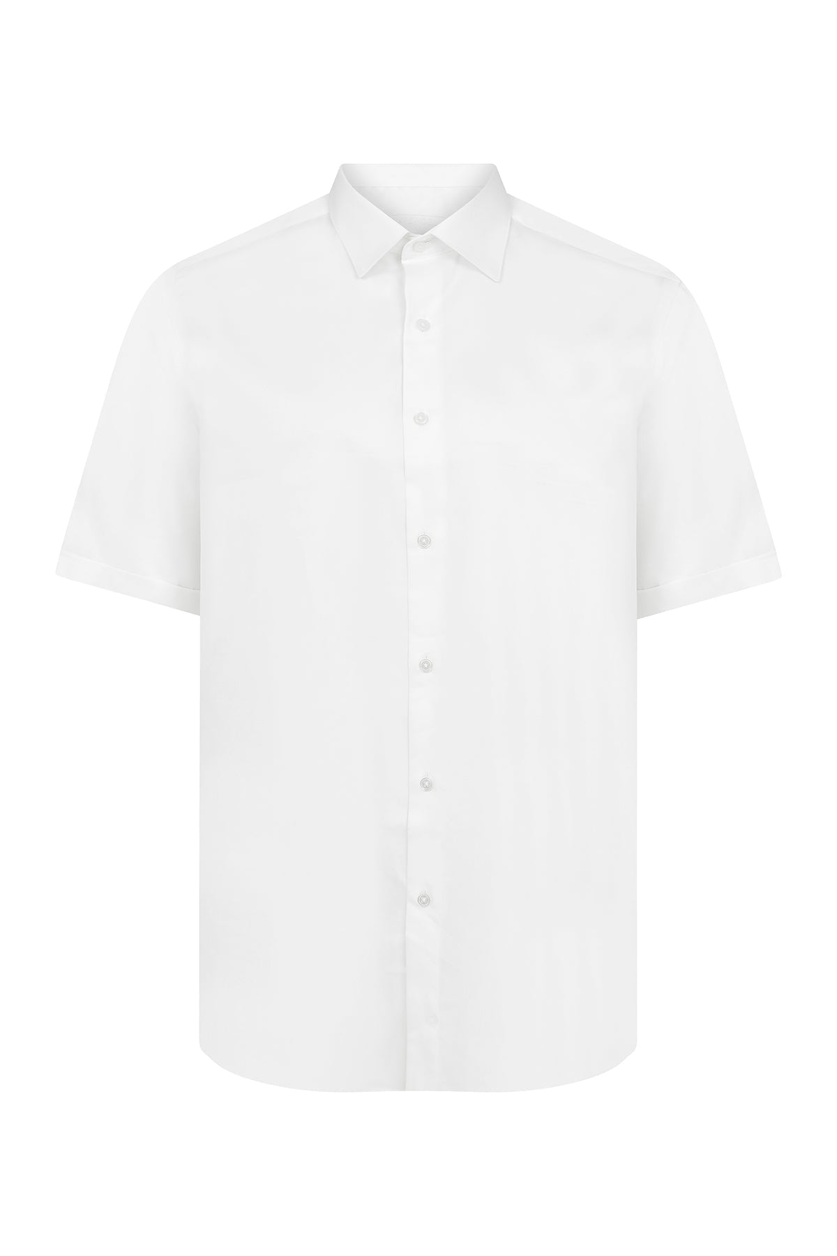 White short-sleeved button-down shirt with a classic collar and subtle texture.