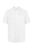 White short-sleeved button-down shirt with a classic collar and subtle texture.