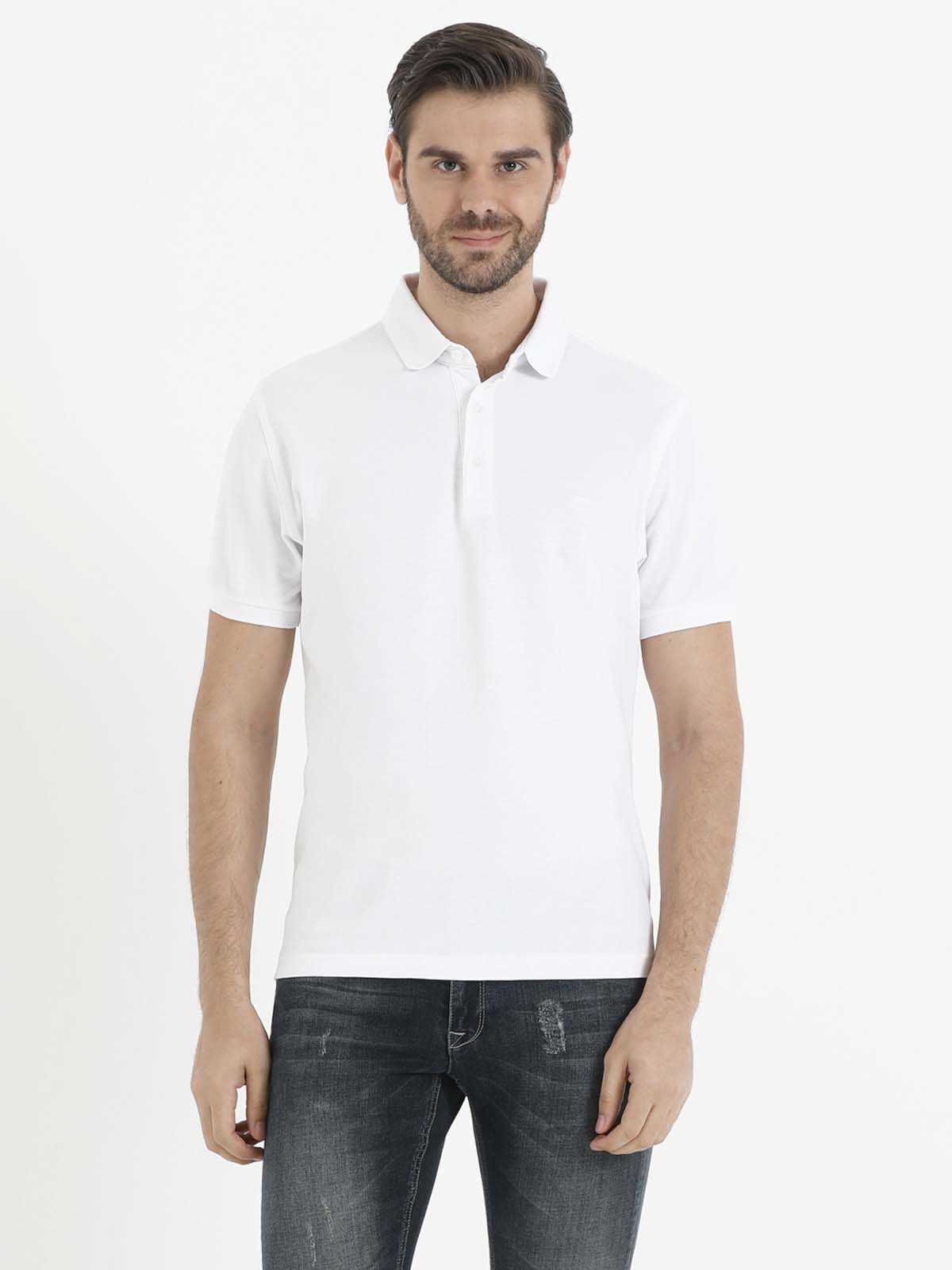 White short-sleeved polo shirt with a classic collar and button placket.