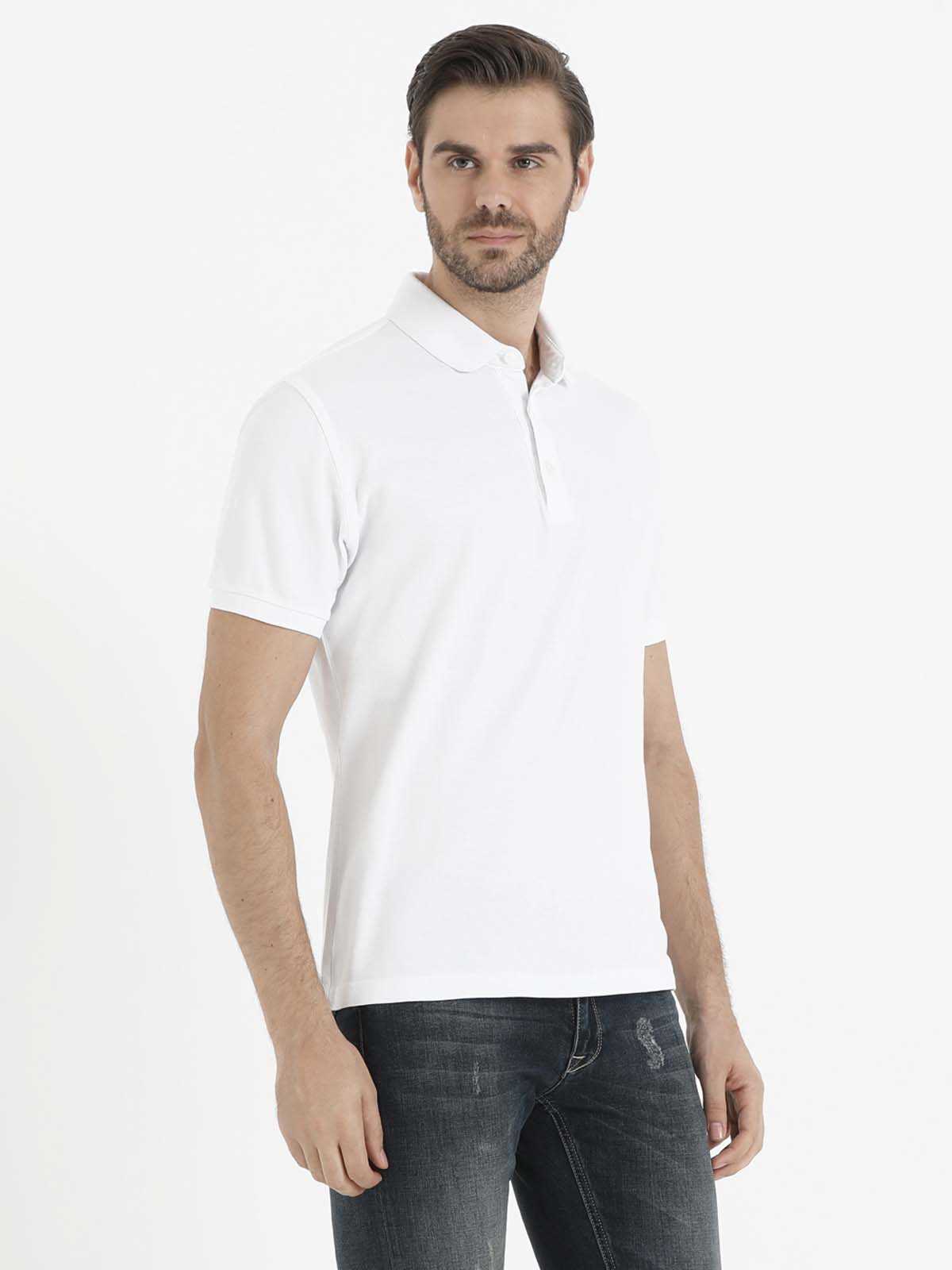 White short-sleeved polo shirt with a classic collar and button placket.