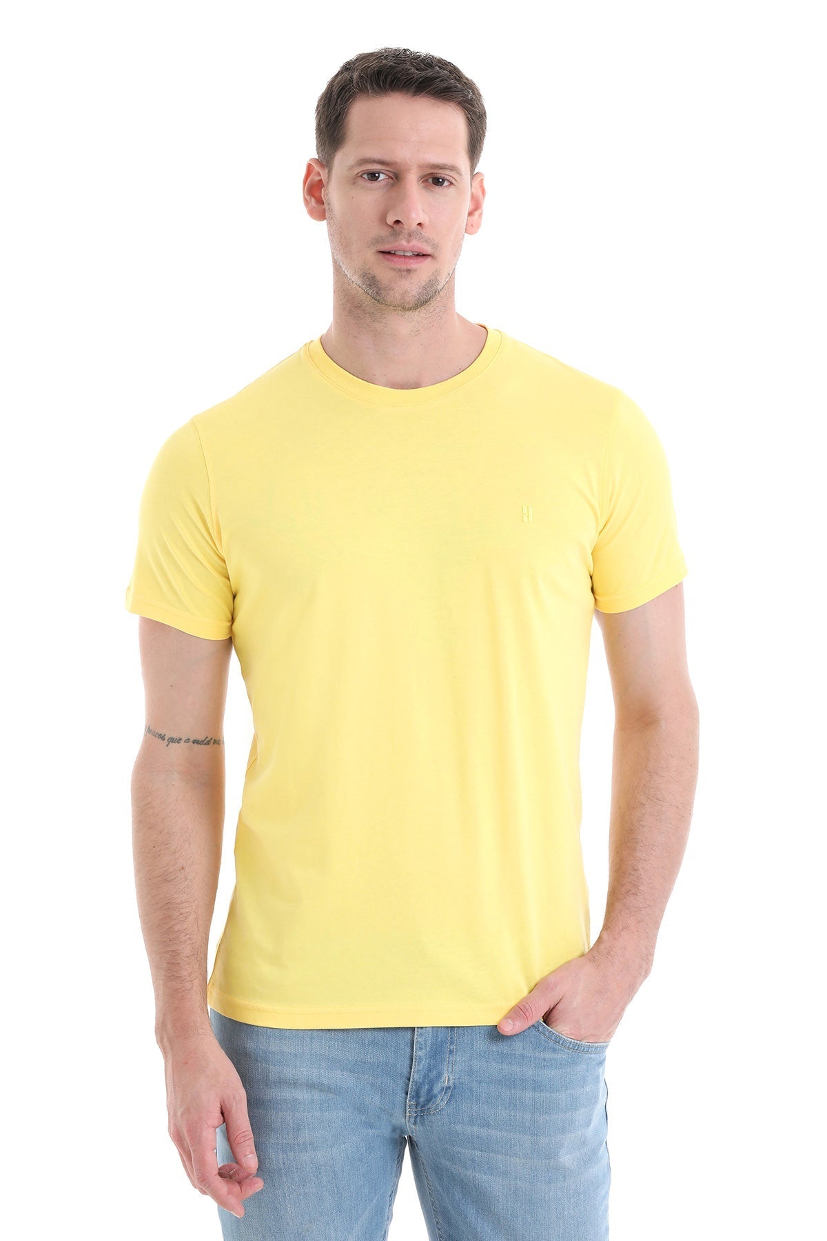 A men’s bright yellow short-sleeved crew neck t-shirt made of soft cotton fabric.