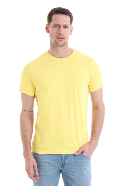A men’s bright yellow short-sleeved crew neck t-shirt made of soft cotton fabric.