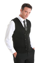 Black double-breasted wool vest with silver-toned buttons.