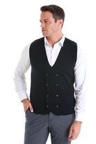 Black double-breasted men’s vest with silver-toned buttons.