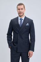 Regular fit double breasted peak lapel navy classic suit in sharp navy blue with subtle sheen and matching trousers