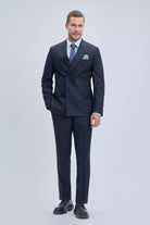 Regular fit double breasted peak lapel navy classic suit with subtle texture and matching patterned pocket square
