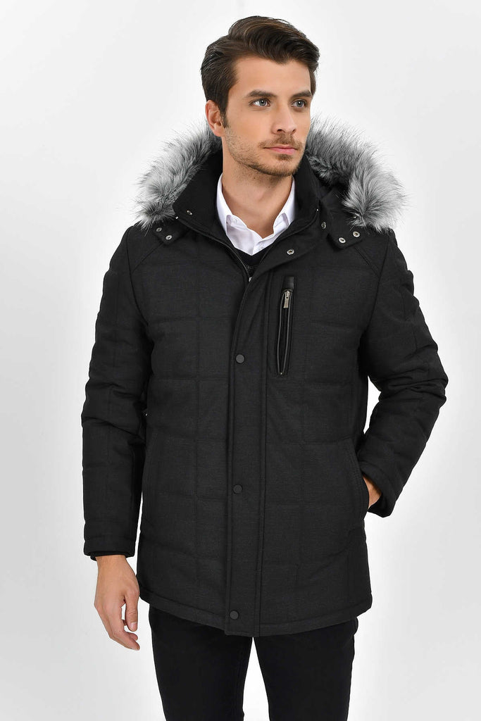 Regular Fit Eagle Furry Hooded Black Coat - MIB