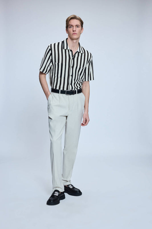 Regular Fit Ecru - Black Striped Cotton Blend Polo T-Shirt