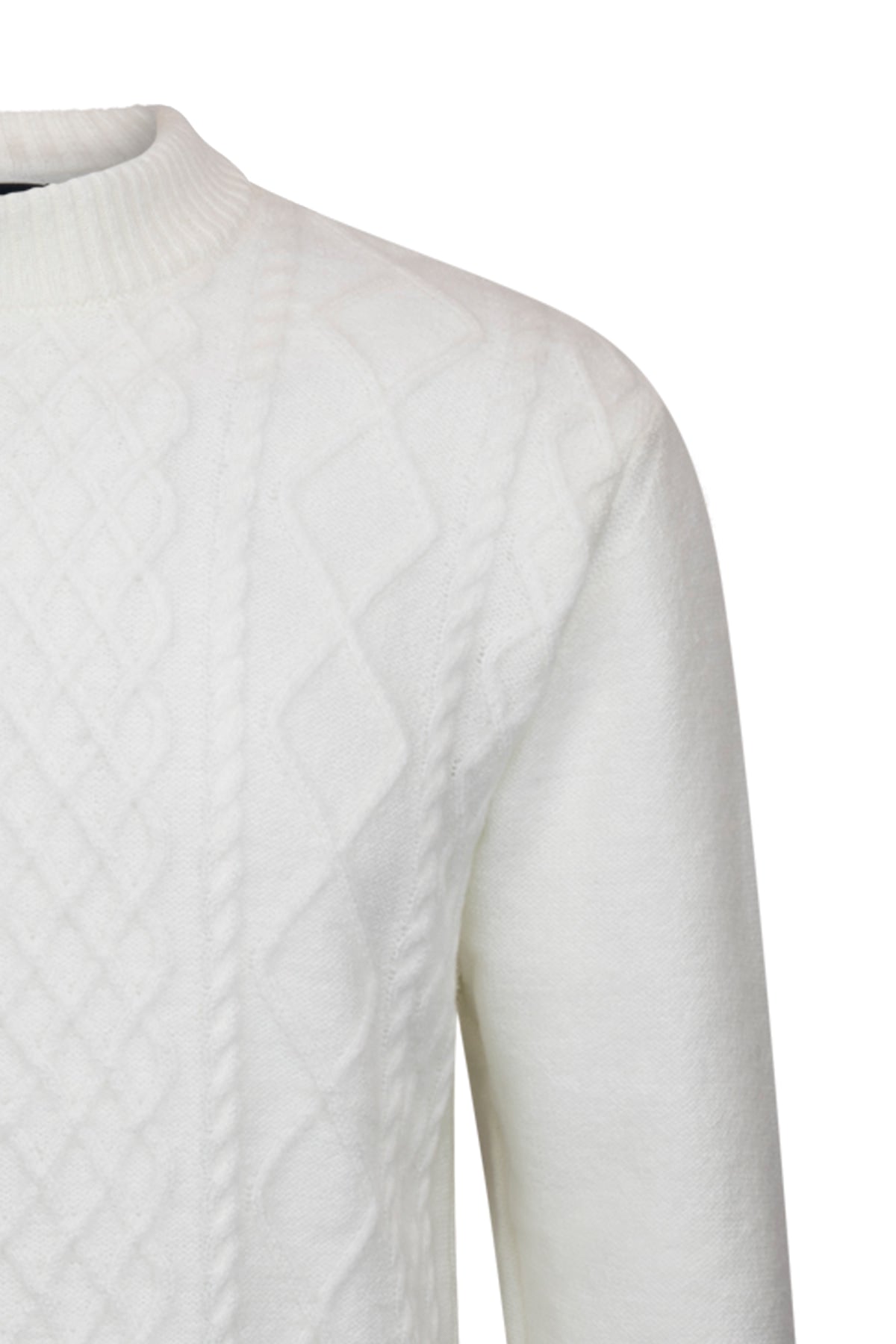 Regular Fit Ecru Cable Jacquard Knit Mock Neck Sweater