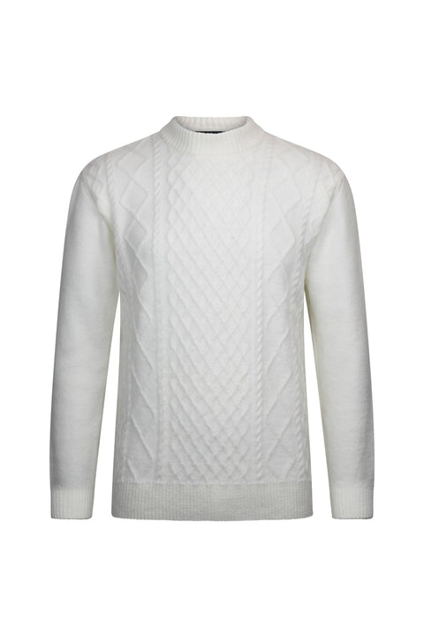 Regular Fit Ecru Cable Jacquard Knit Mock Neck Sweater