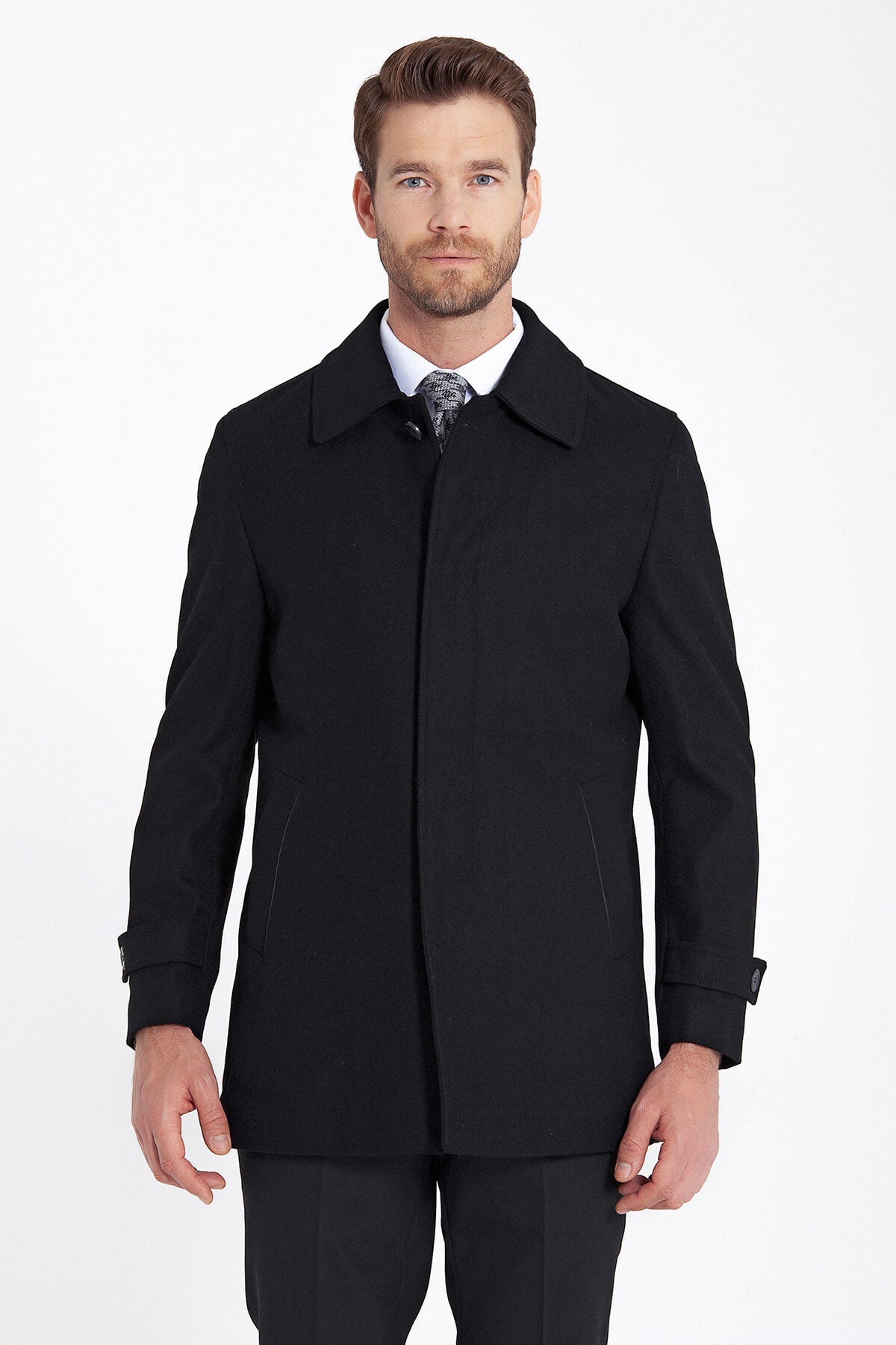 Regular Fit Flat Collar Wool Blend Black Coat - SAYKI