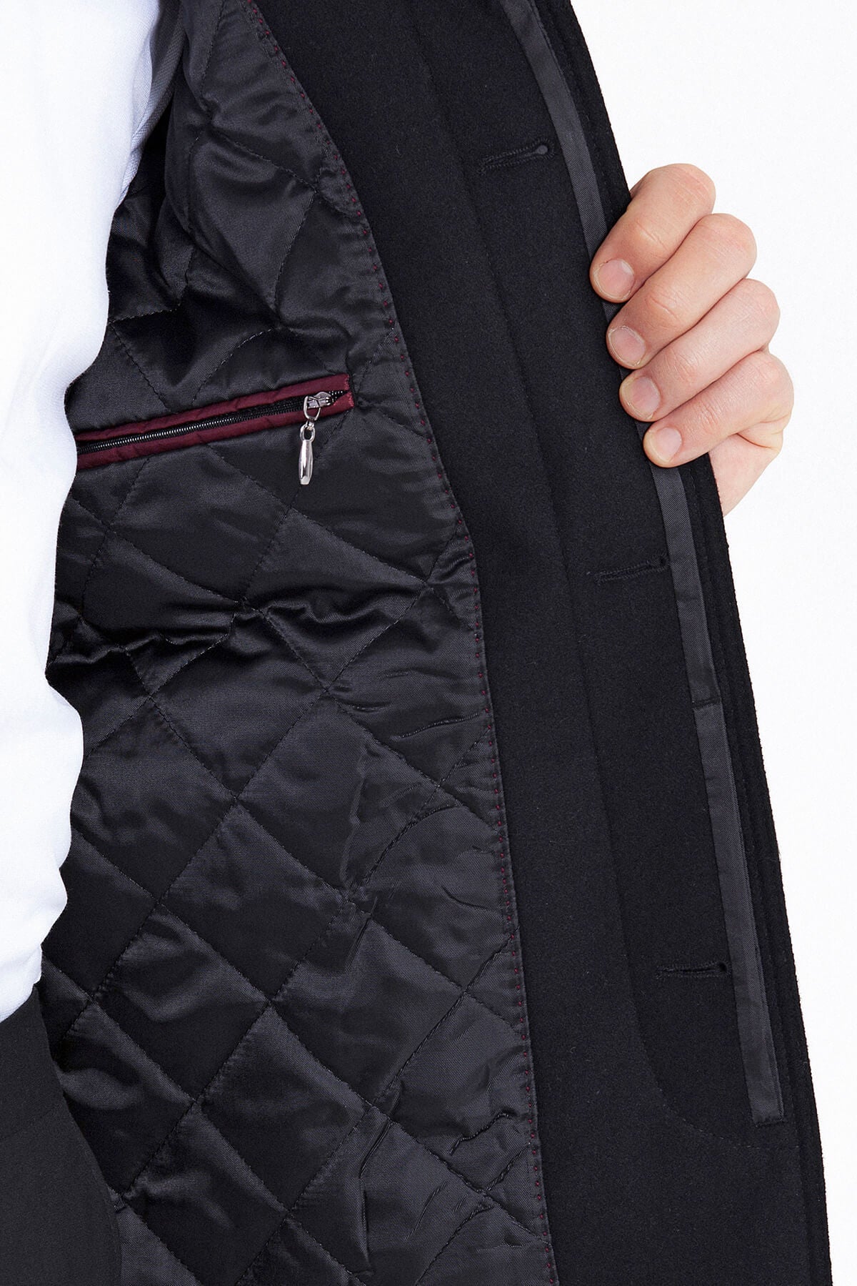 Regular Fit Flat Collar Wool Blend Black Coat - SAYKI