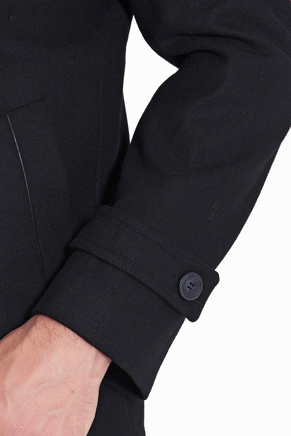 Regular Fit Flat Collar Wool Blend Black Coat - SAYKI