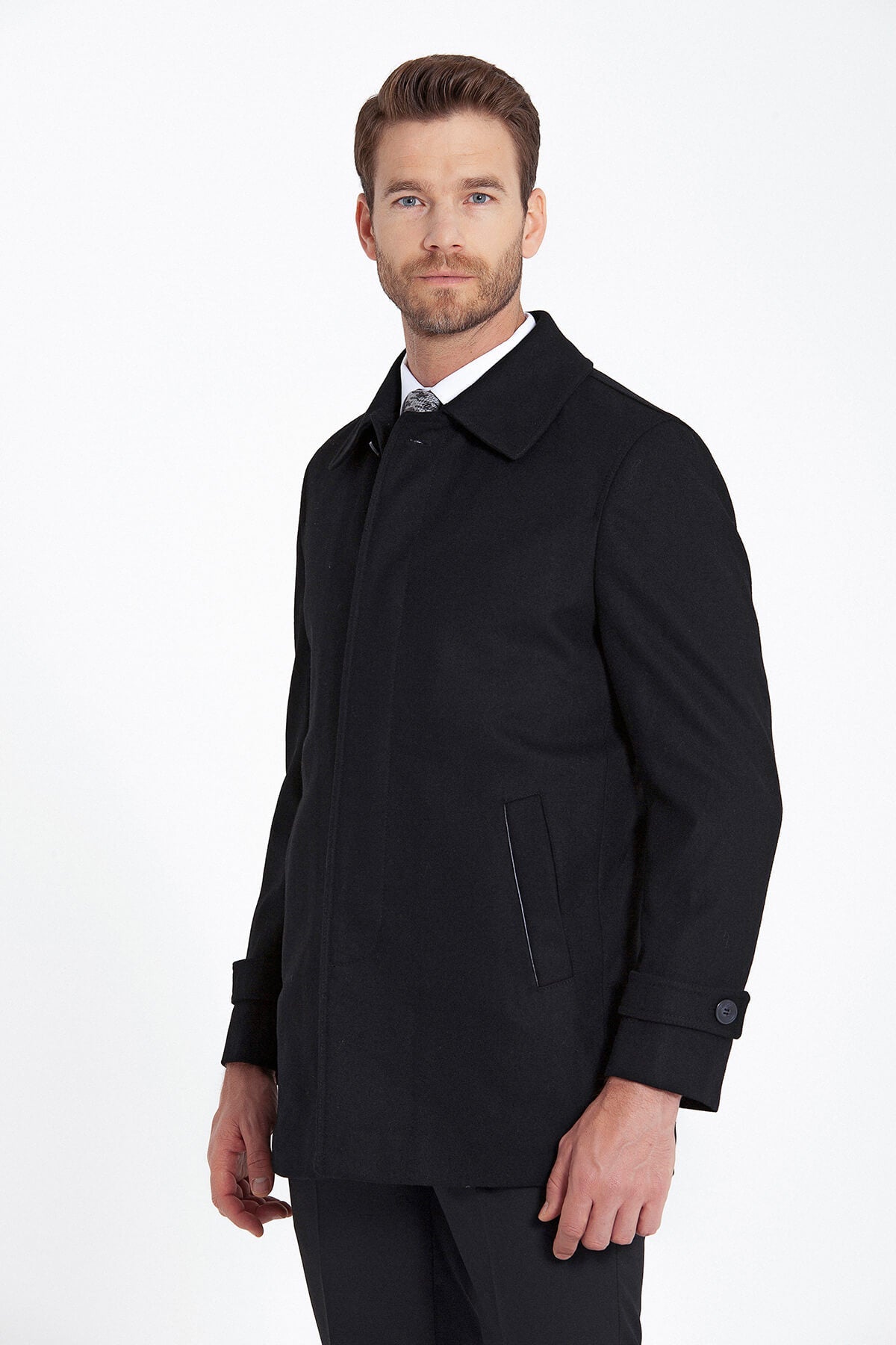 Regular Fit Flat Collar Wool Blend Black Coat - SAYKI