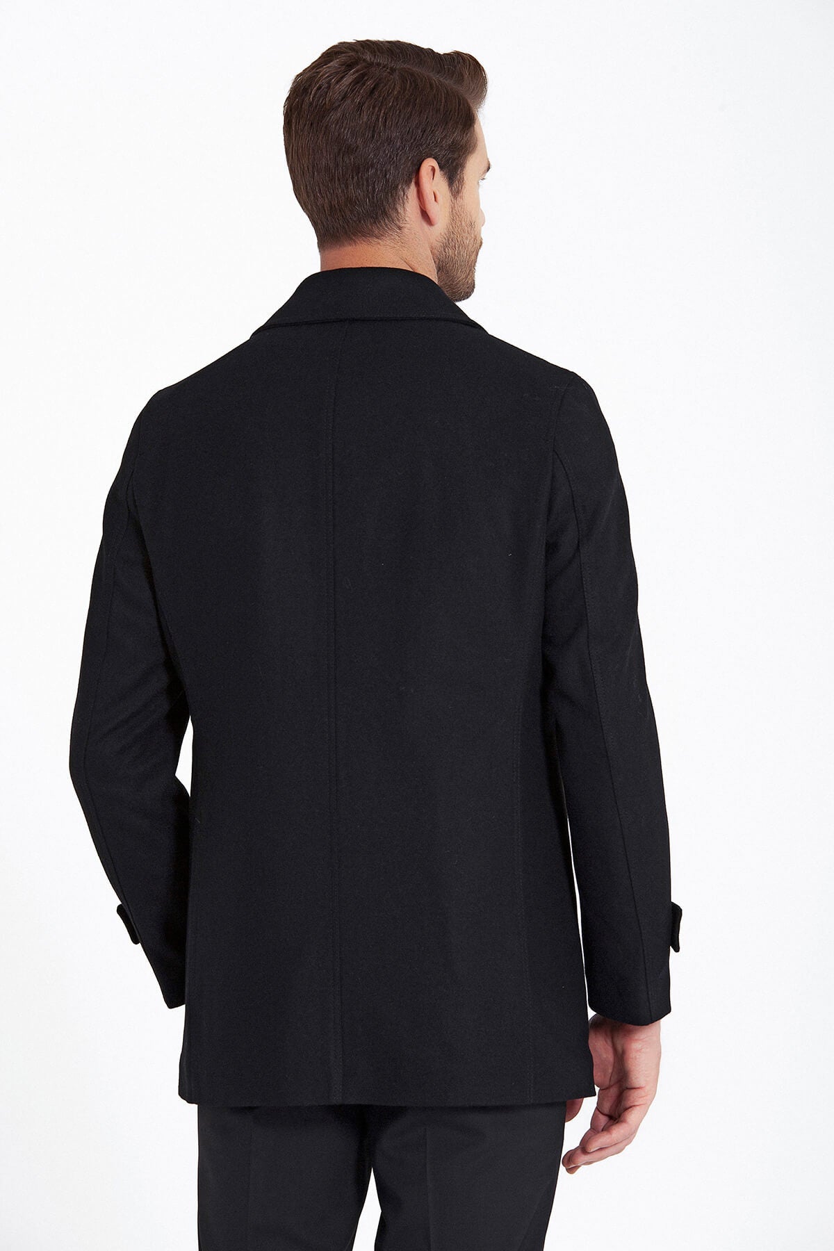 Regular Fit Flat Collar Wool Blend Black Coat - SAYKI
