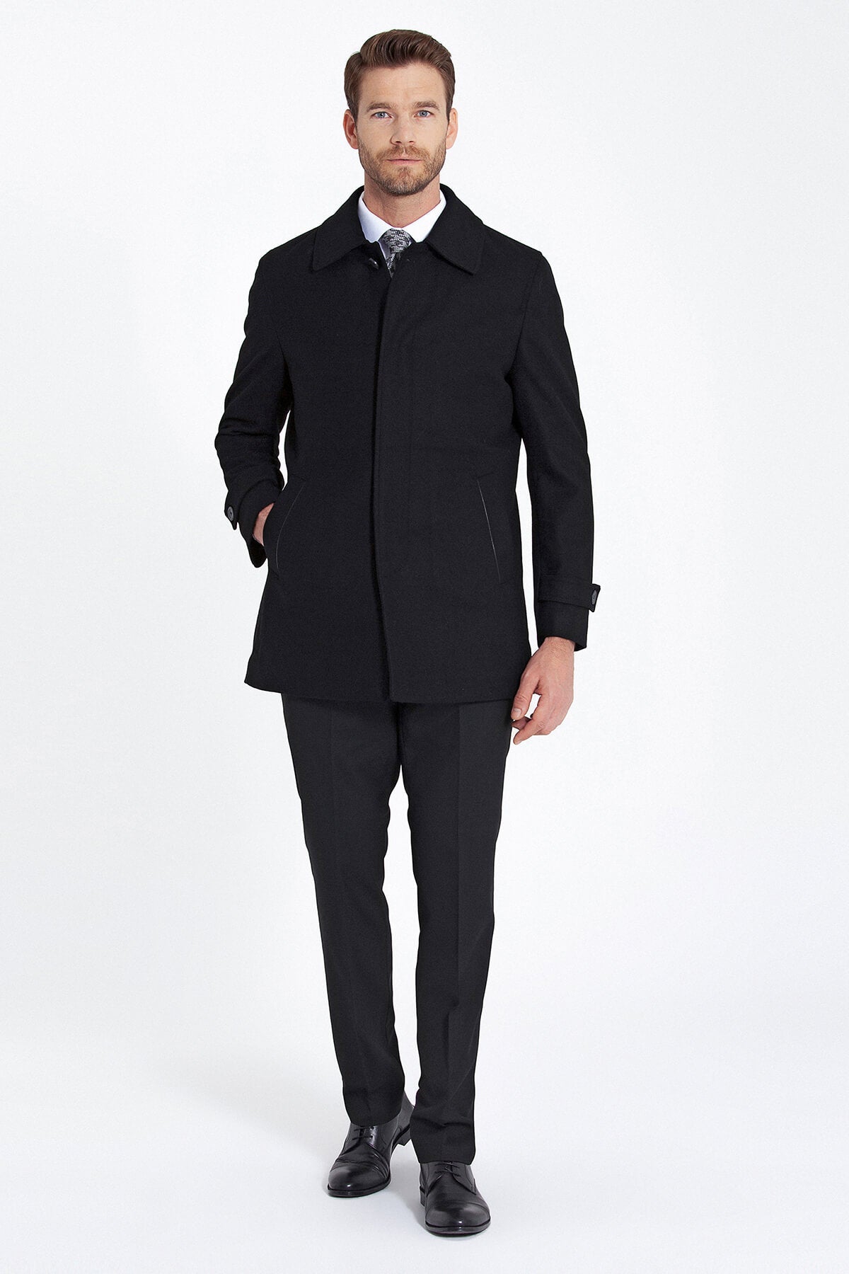 Regular Fit Flat Collar Wool Blend Black Coat - SAYKI