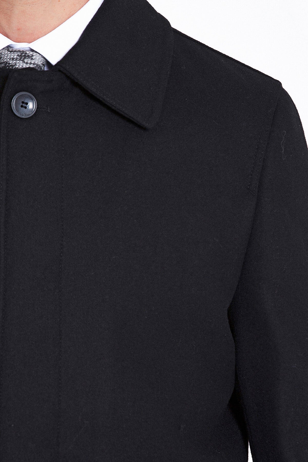 Regular Fit Flat Collar Wool Blend Black Coat - SAYKI